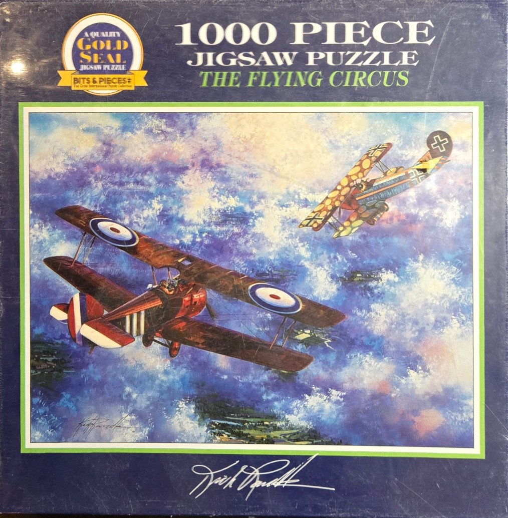 An oil painting of two WWI biplanes in a dogfight against a vibrant, cloudy sunset sky.
