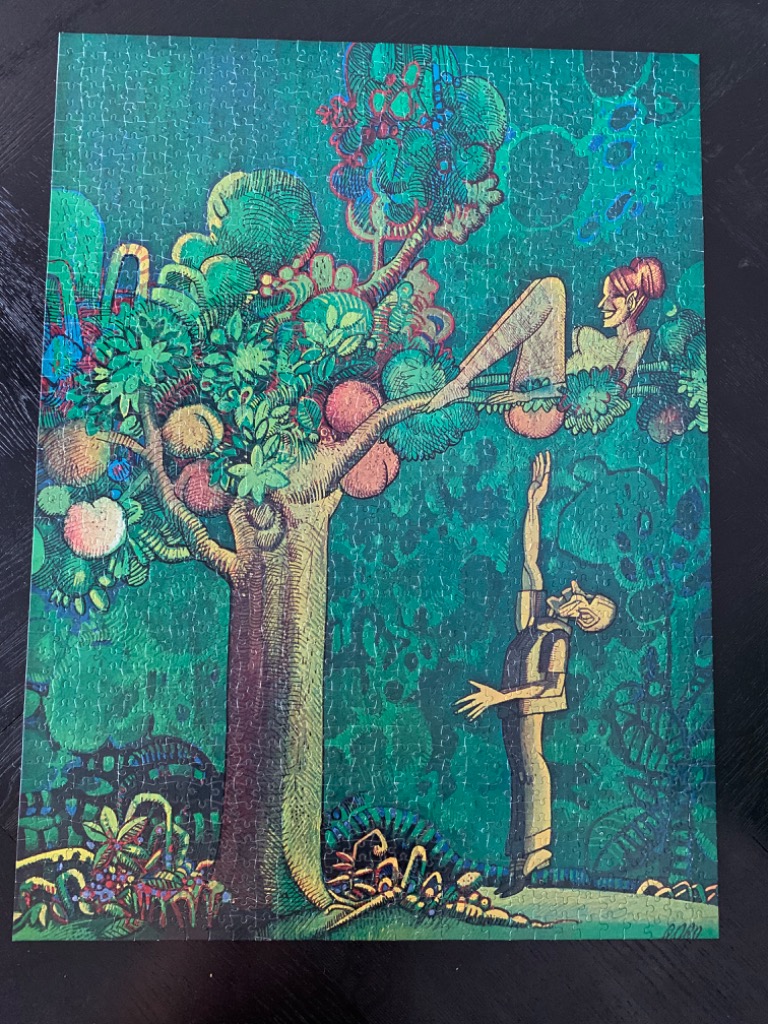 An illustration of a woman reclining in a large tree while a man reaches up toward her in a deep green forest.