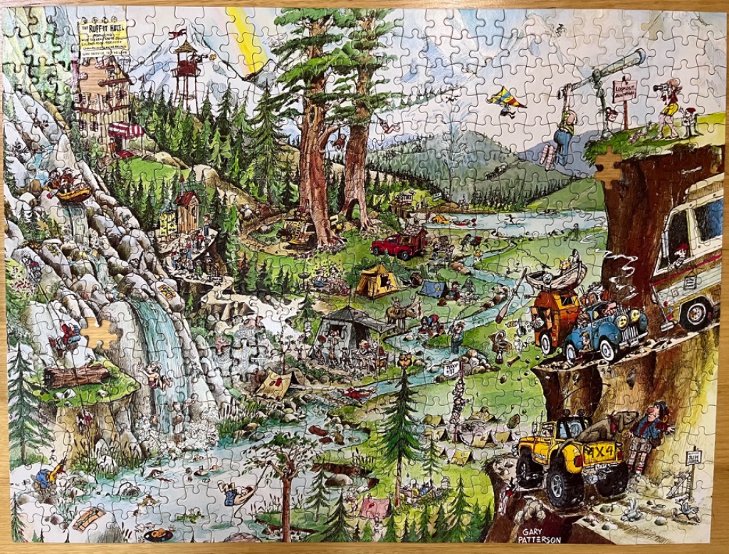 A whimsical, busy cartoon illustration of a crowded, chaotic mountain campsite filled with quirky characters.