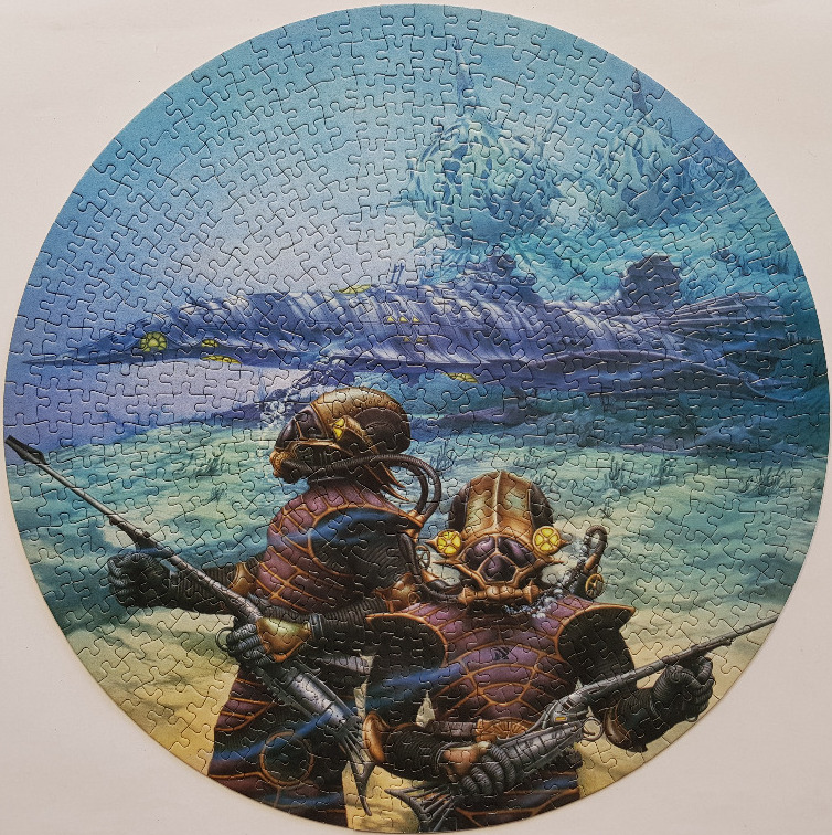 Two futuristic alien explorers standing on a sandy seabed before a submerged spacecraft.