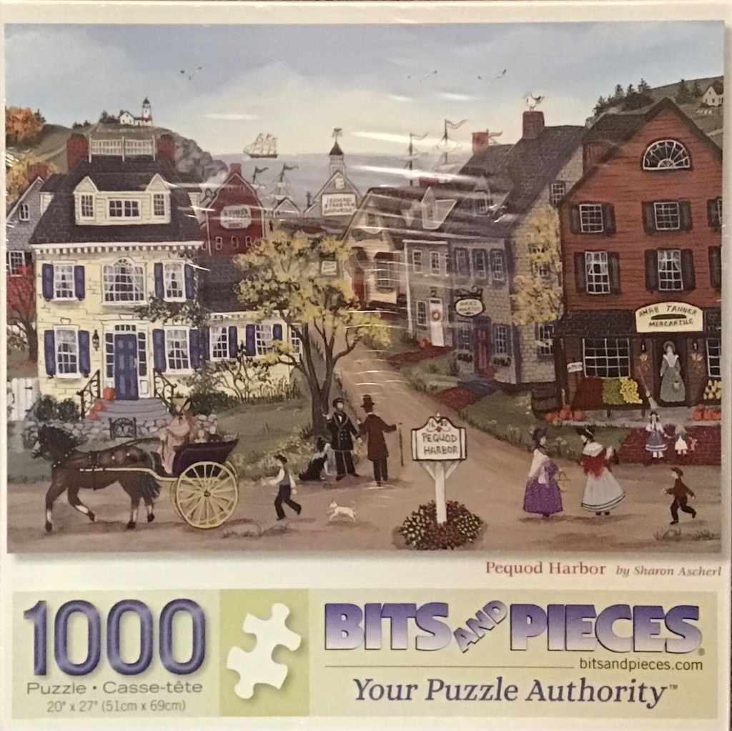 Folk art scene of a 19th-century coastal town harbor with a horse-drawn carriage and pedestrians.