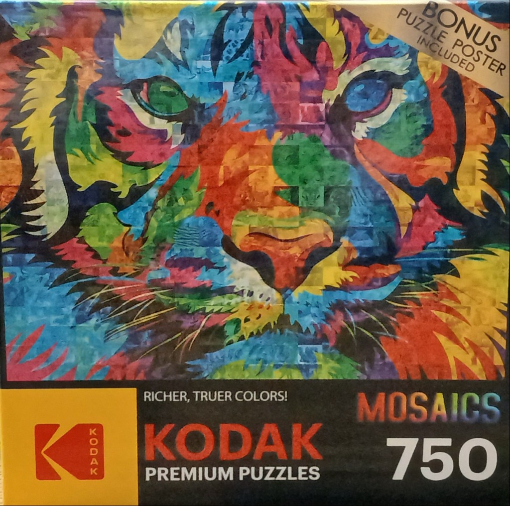 A close-up artistic portrait of a tiger face rendered in a colorful mosaic tile style.