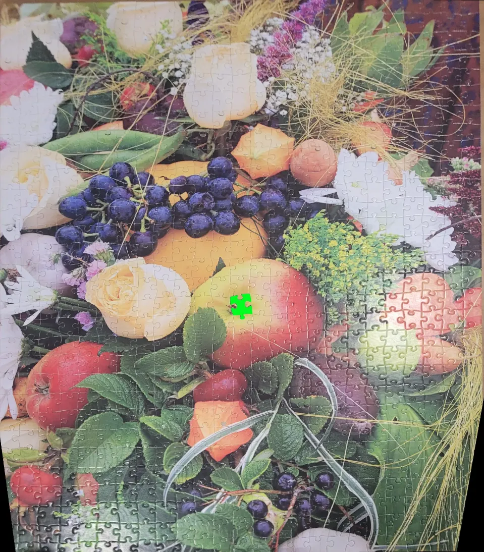 A lush, vibrant still life arrangement of mixed fruits, vegetables, and pale roses.