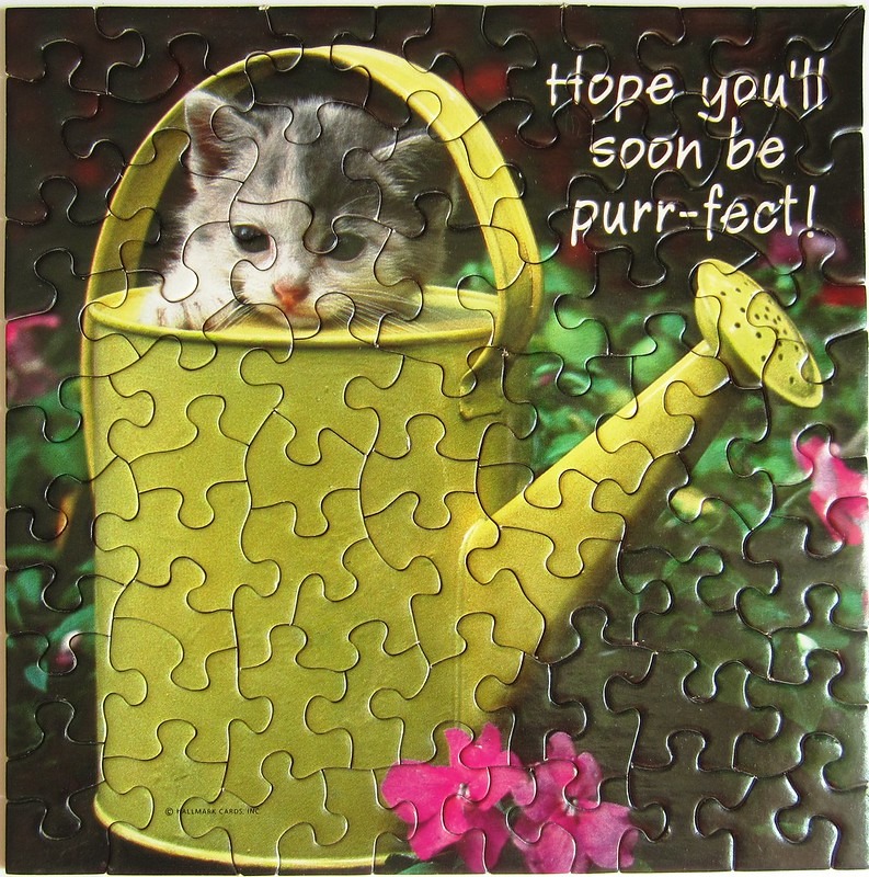 A cute kitten peeking out of a yellow garden watering can with text reading Hope you