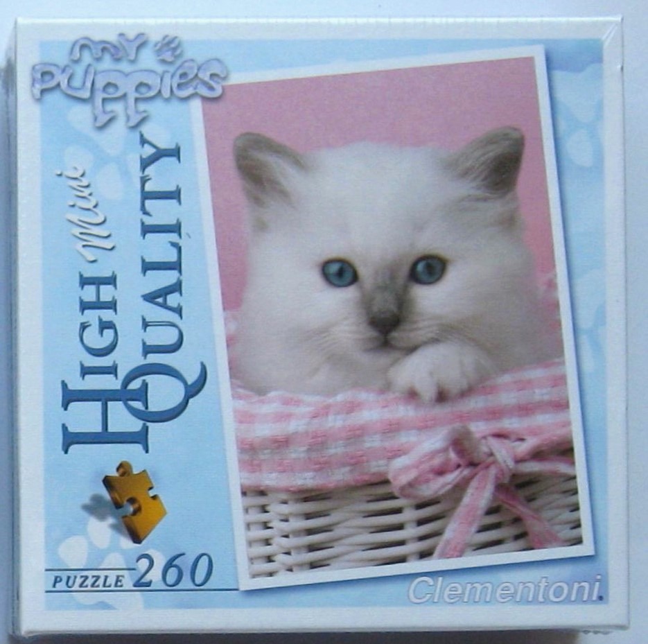 A close-up photograph of a fluffy white kitten with bright blue eyes resting in a pink and white gingham-lined basket.