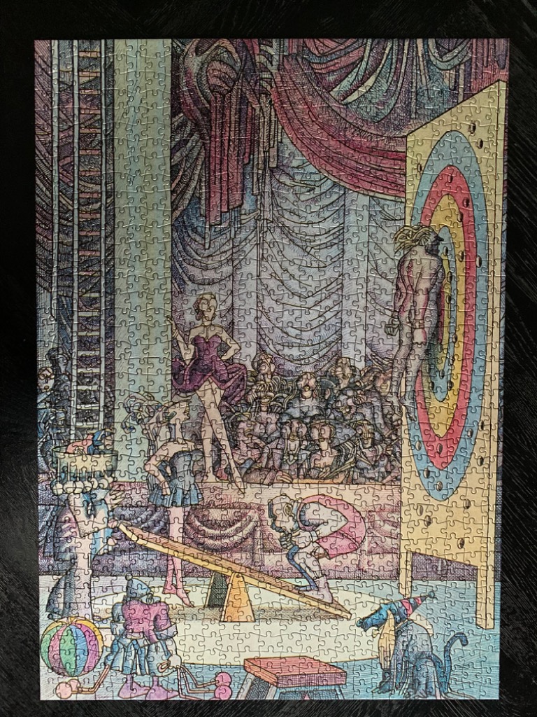 An intricate illustration of a surreal circus performance featuring a knife-throwing act.