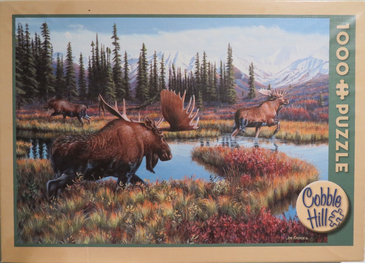 Painting of three moose in a marshy landscape with mountains in the background