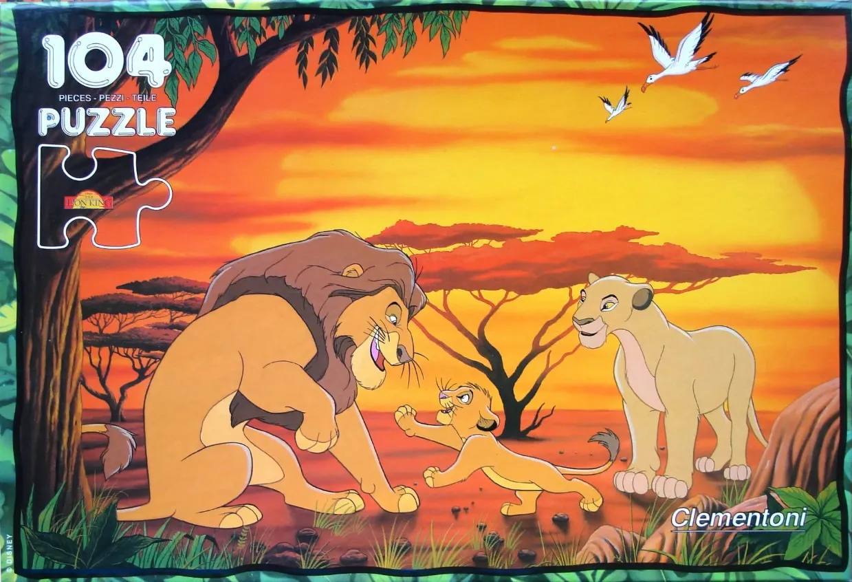 Animated scene of Mufasa, Sarabi, and Simba in the savanna at sunset