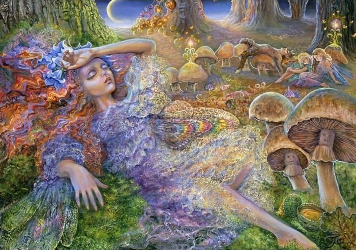 A whimsical illustration of a woman with red hair and fairy wings sleeping in a magical mushroom forest at night.