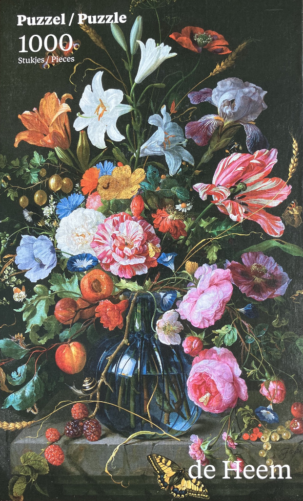 A still life painting by de Heem featuring a lush bouquet of flowers, fruits, and butterflies in a dark, moody style.