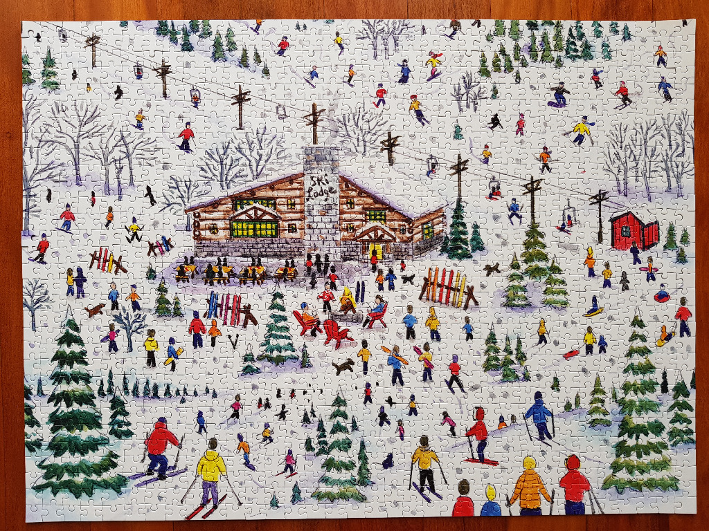 A whimsical illustration of a busy, snow-covered ski lodge scene filled with skiers and winter activity.