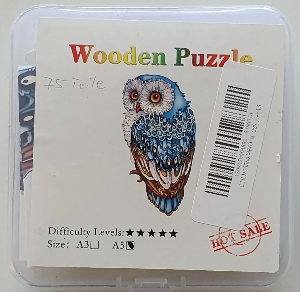 A stylized illustration of a blue, grey, and brown owl on a cream-coloured background.