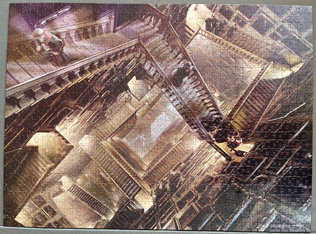 A cinematic, top-down view of an intricate, multi-level staircase inside a magical stone castle.