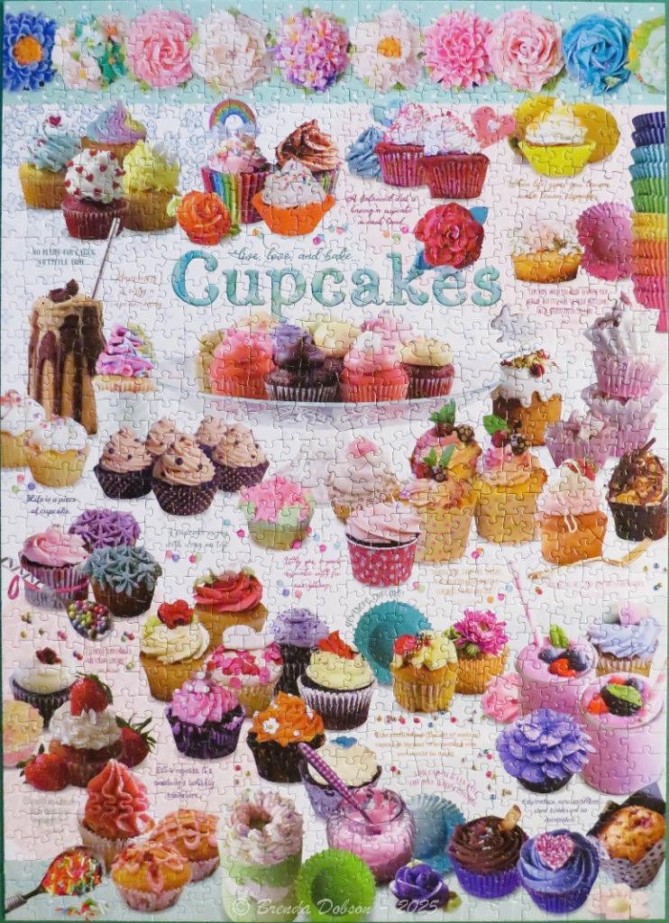 A collage of various colorful cupcakes with floral borders and script text.