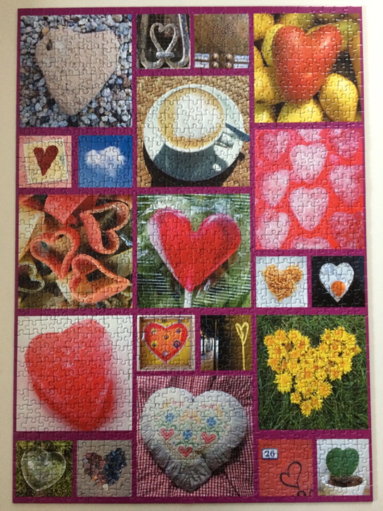 A collage of various heart-shaped objects and patterns in different textures and colors.