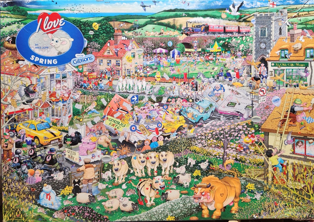 A busy, humorous cartoon illustration of a bustling village fair during the springtime.