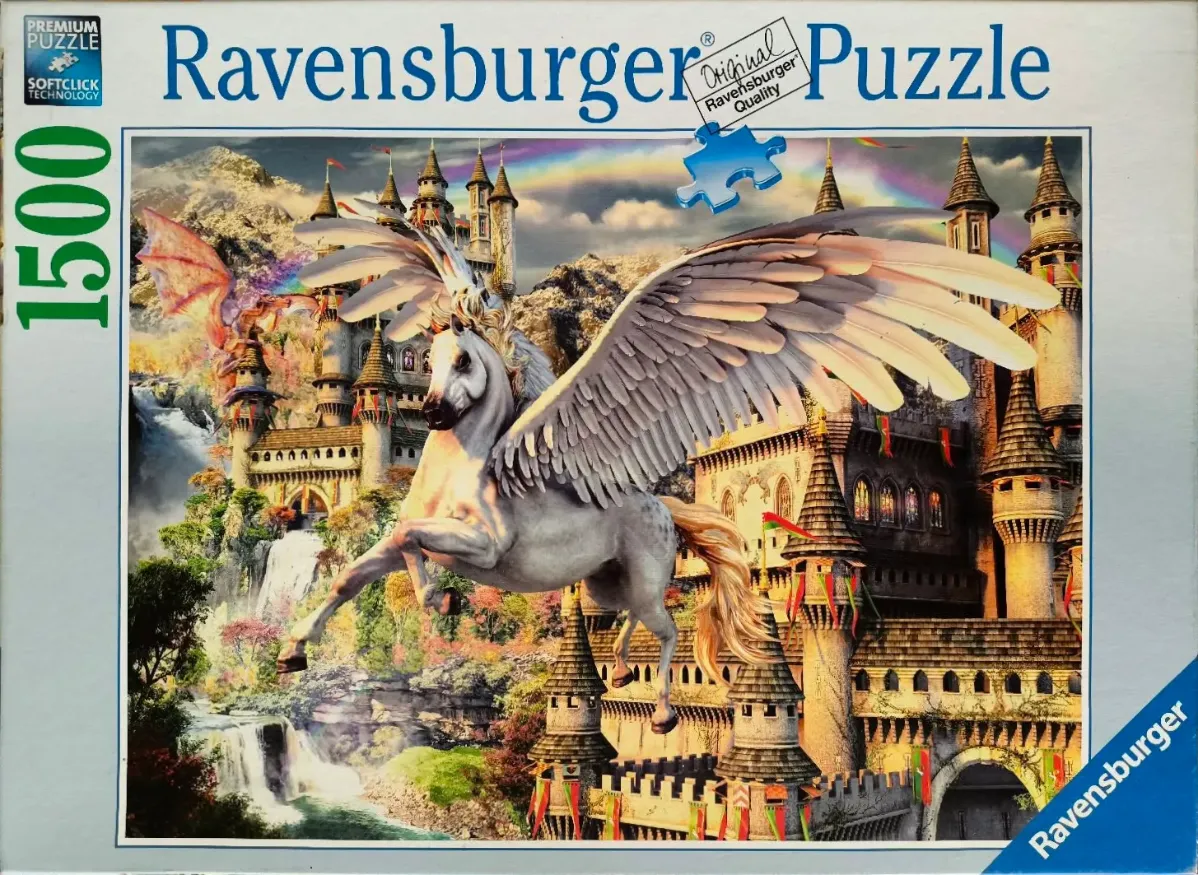 A majestic winged pegasus flying in front of a sprawling fairytale castle with waterfalls and a rainbow.