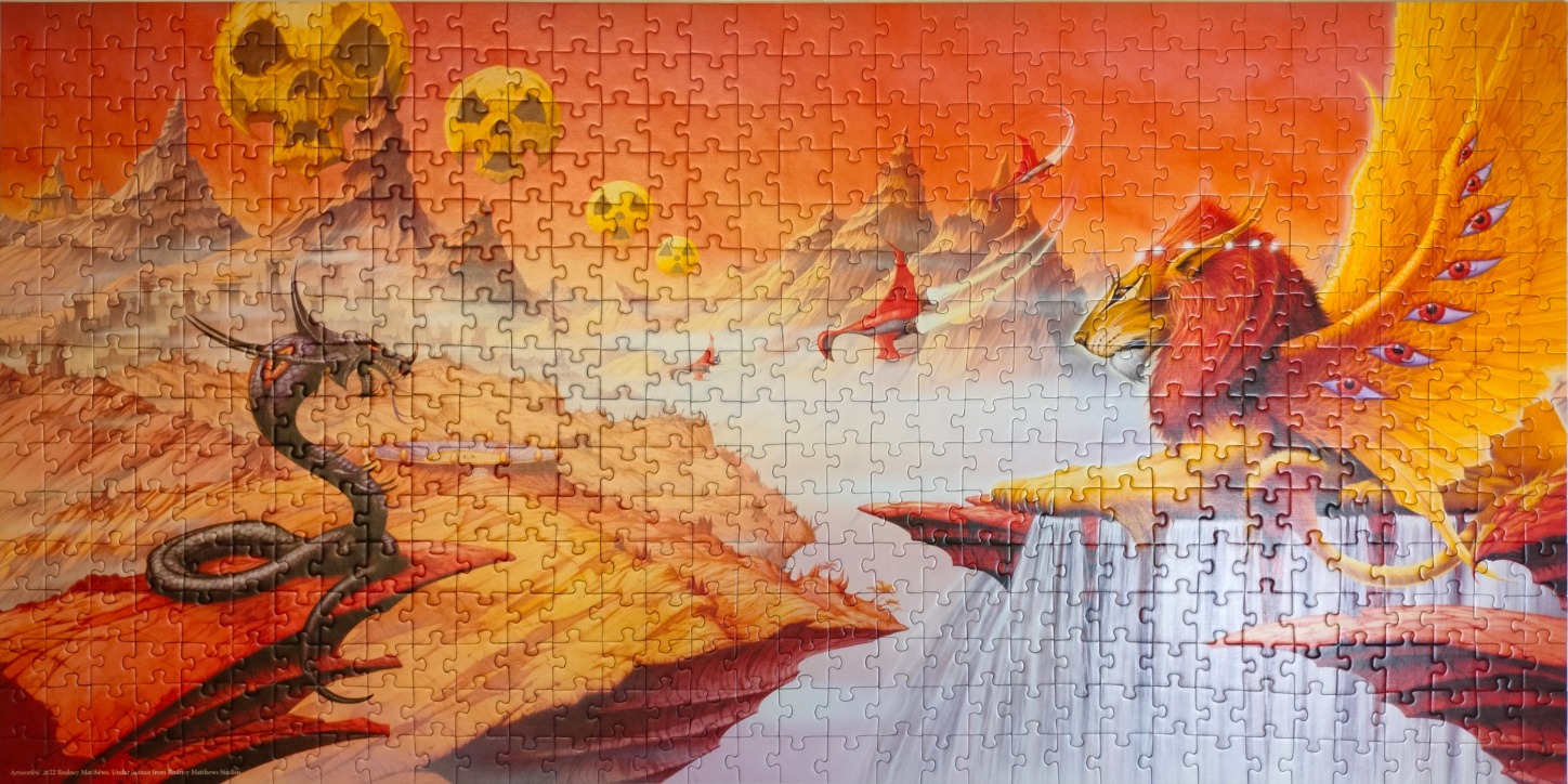 A fantasy landscape with a dragon facing a multi-eyed winged lion under a fiery orange sky with floating skulls.