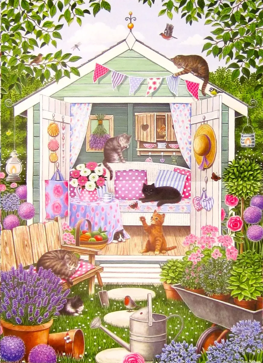 A whimsical garden scene featuring a cozy shed filled with cats and surrounded by potted flowers and gardening tools.