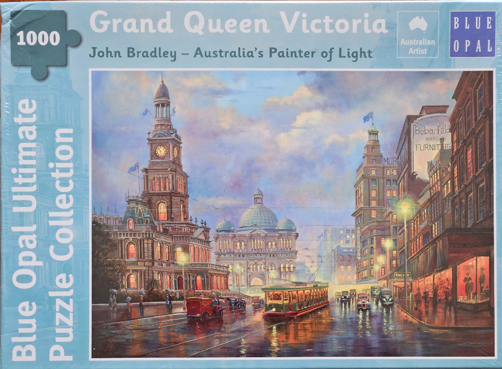 Painting of a historic Sydney street scene with a tram, the Queen Victoria Building, and a clock tower at twilight.