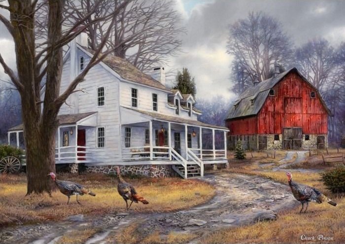 A white farmhouse and red barn in a rural autumn setting with three wild turkeys in the foreground.