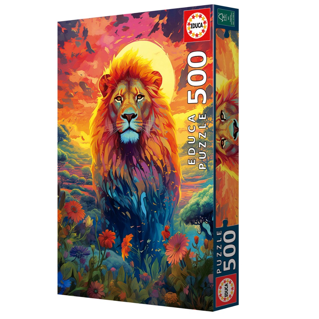 Digital art illustration of a lion with a vibrant, multi-colored mane standing in a flower field at sunset.