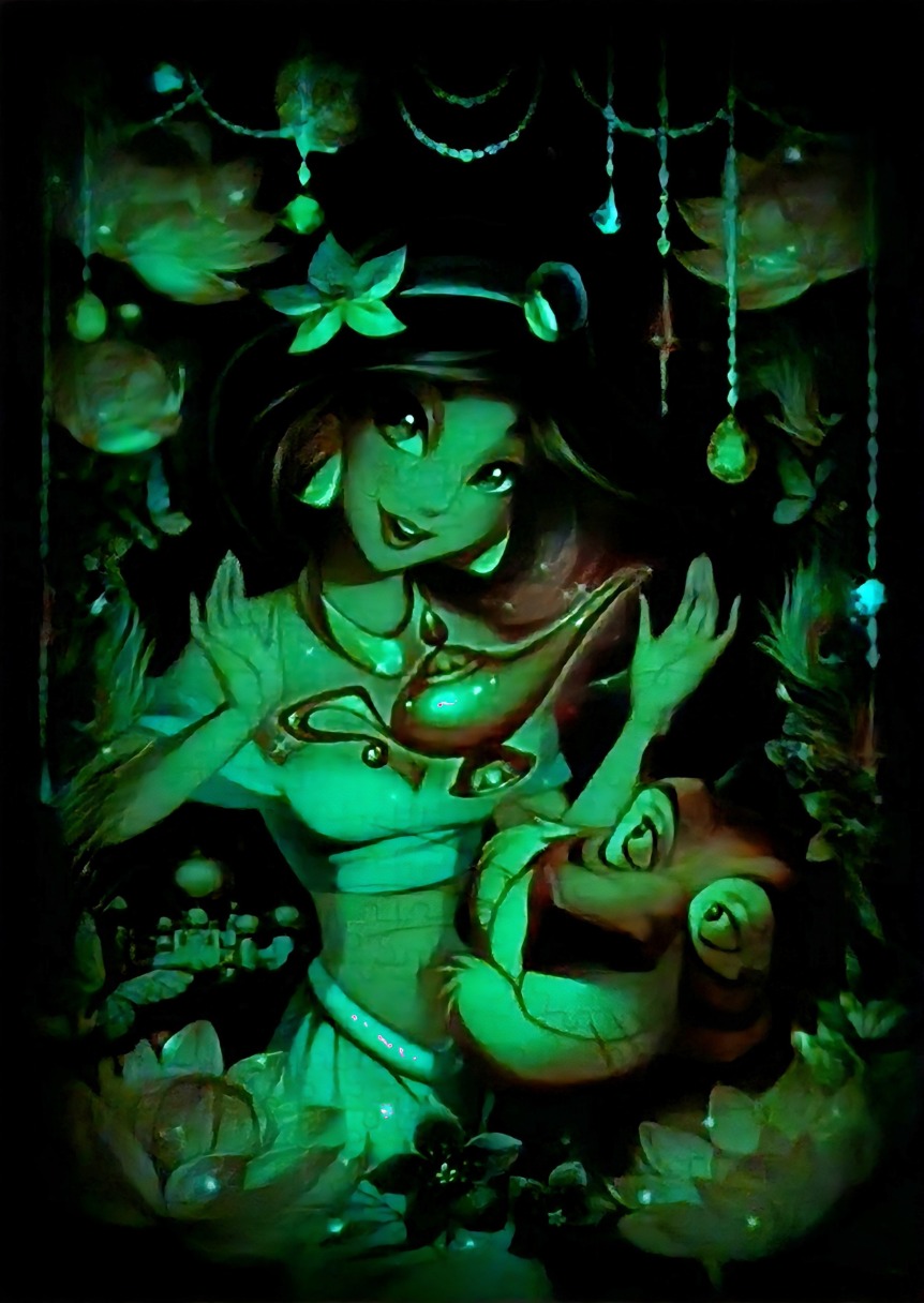 A luminous, green-toned illustration of Princess Jasmine holding a magic lamp and a small monkey against a dark background.