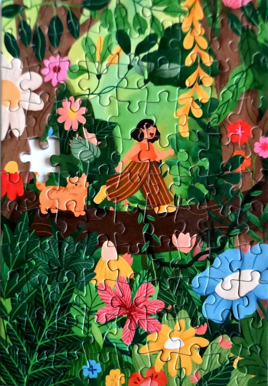An illustrated scene of a girl and her cat walking through a vibrant, lush forest filled with oversized flowers.