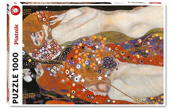Gustav Klimt's Water Serpents II painting featuring two nude women and intricate, colorful floral patterns.