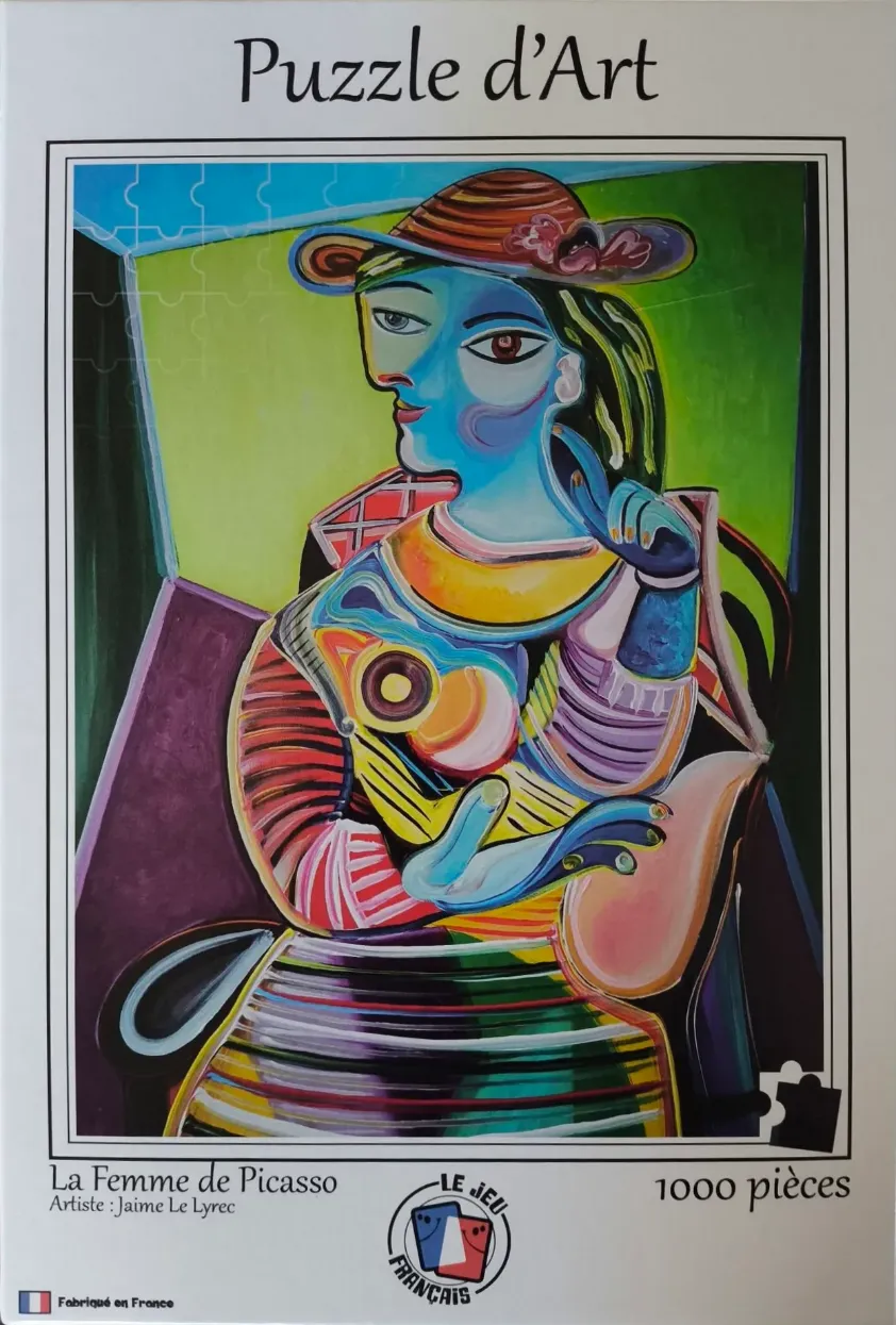 Cubist-style portrait of a woman in a hat, painted in vivid, contrasting colors with bold outlines.