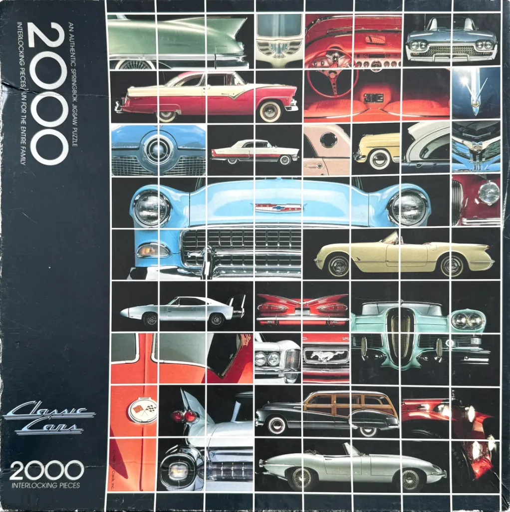 A collage of various vintage American automobiles arranged in a grid against a black background.