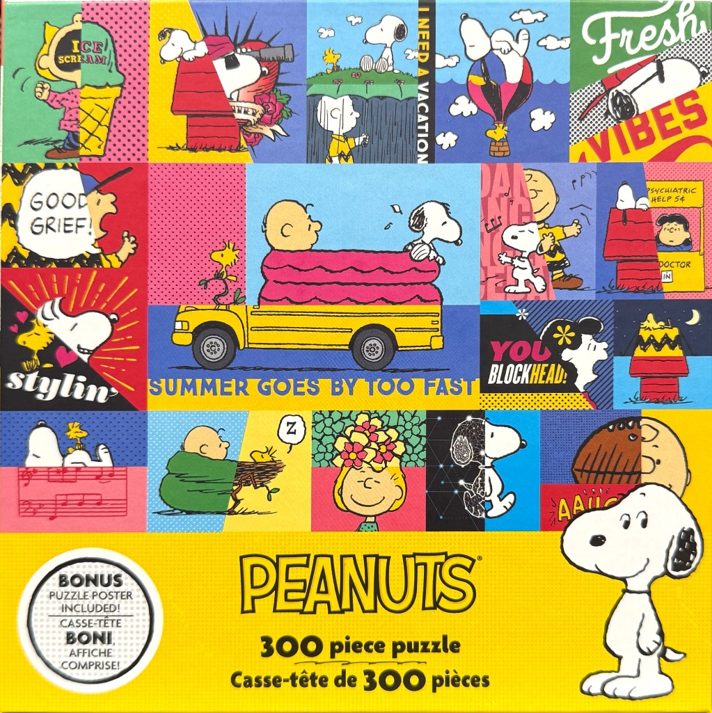 A collage of various Peanuts comic strip panels and character illustrations with vibrant, pop-art style colors.