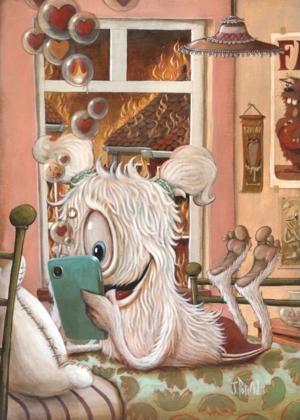 A cartoon creature with shaggy white fur and one large eye lying on a bed while looking at a smartphone