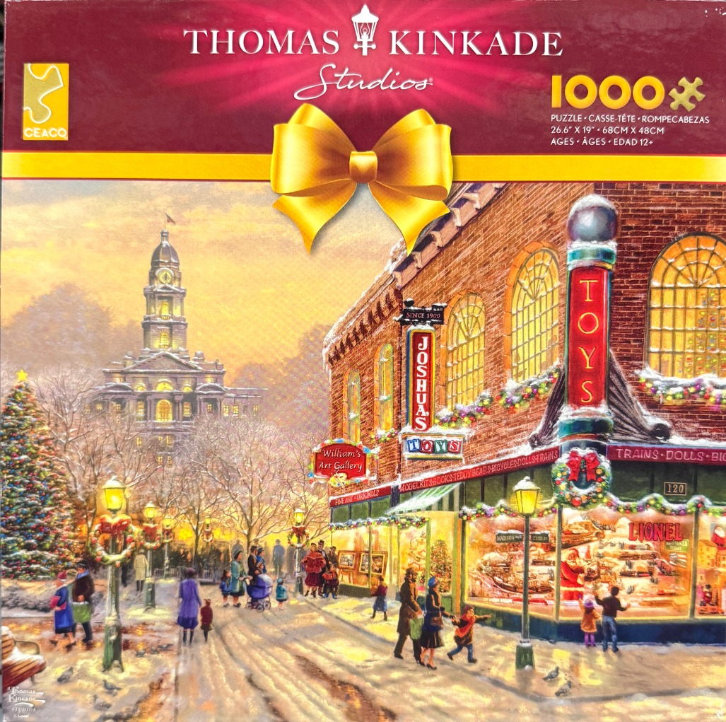 A festive, snow-covered town square at twilight featuring a toy shop and an ornate clock tower in the background.