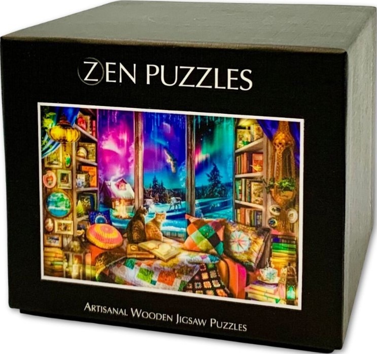 Cozy indoor scene looking out at a vibrant aurora borealis over a snowy landscape with two cats on a quilt.