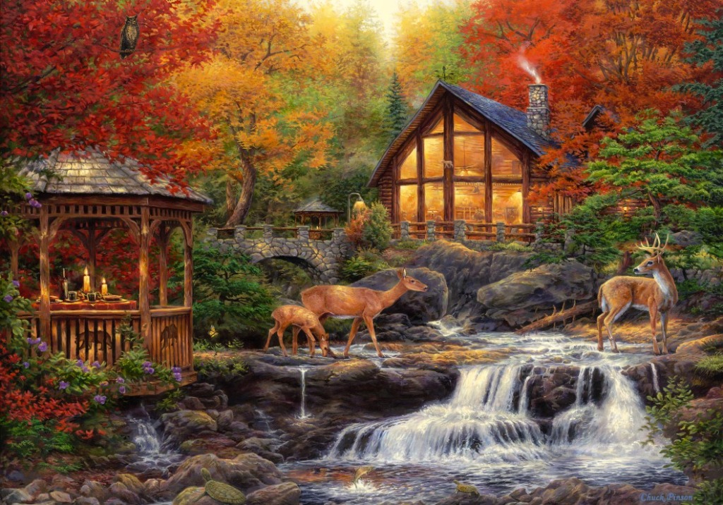 A cozy log cabin and gazebo by a waterfall in an autumn forest with deer in the foreground.