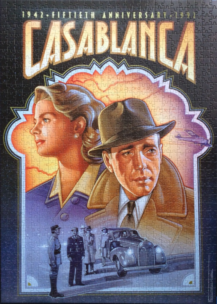 Vintage movie poster art for the 50th anniversary of Casablanca featuring Humphrey Bogart and Ingrid Bergman.