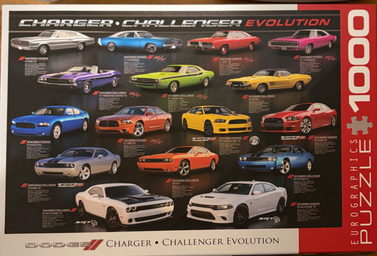A montage of classic and modern Dodge Charger and Challenger muscle cars arranged in chronological rows against a black backg