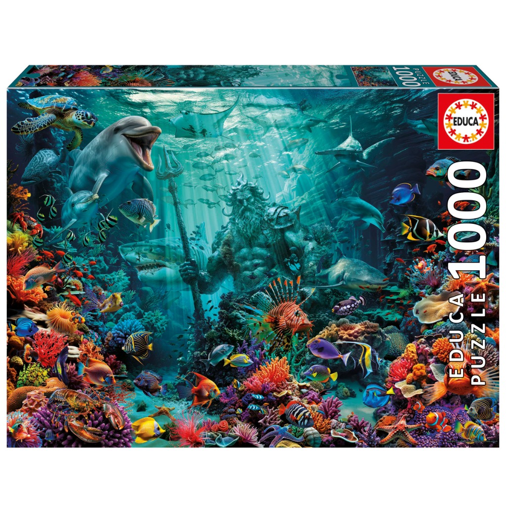 An underwater scene featuring Poseidon holding a trident, surrounded by diverse marine life and vibrant coral reefs.