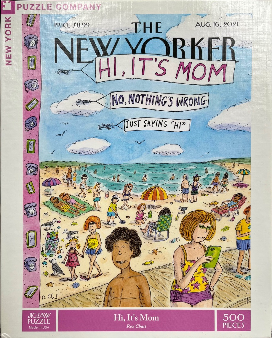 A cartoon illustration of a crowded beach with three planes pulling banners that say "HI, IT