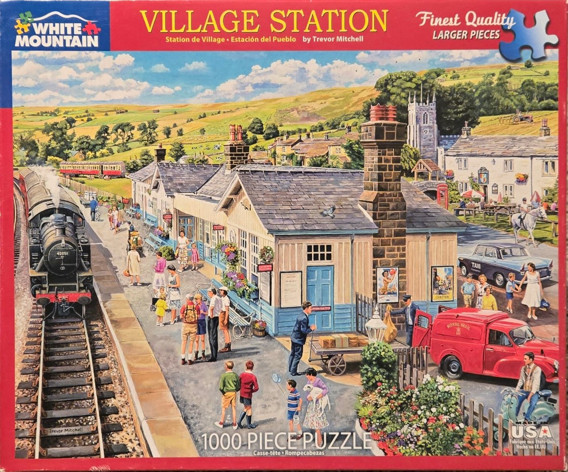 A nostalgic painting of a bustling 1950s English village train station with a steam locomotive and vintage vehicles.
