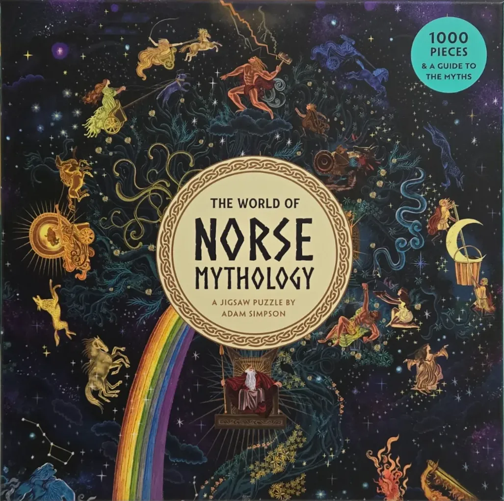 An illustration of Norse mythology scenes arranged in a circular cosmic pattern against a dark starry background.