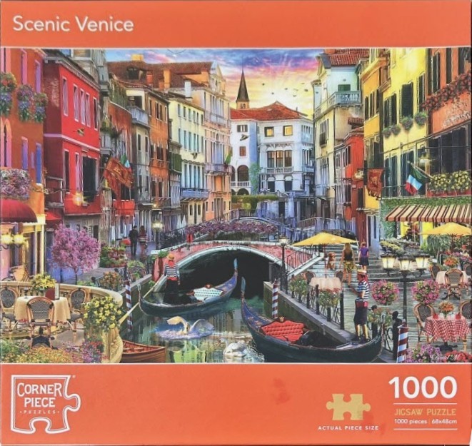 A scenic painting of a Venetian canal at sunset featuring colorful buildings, arched bridges, and gondolas.