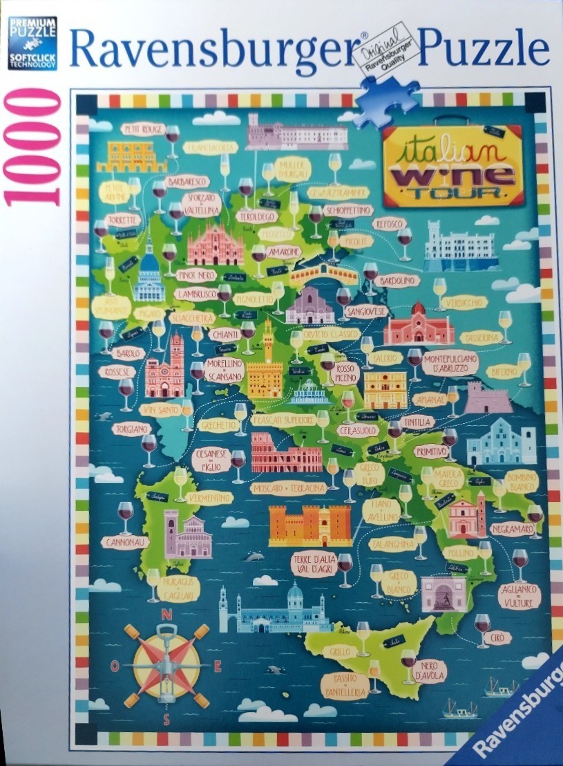 Illustrated map of Italy featuring various wine types, local landmarks, and a compass made from wine tools.