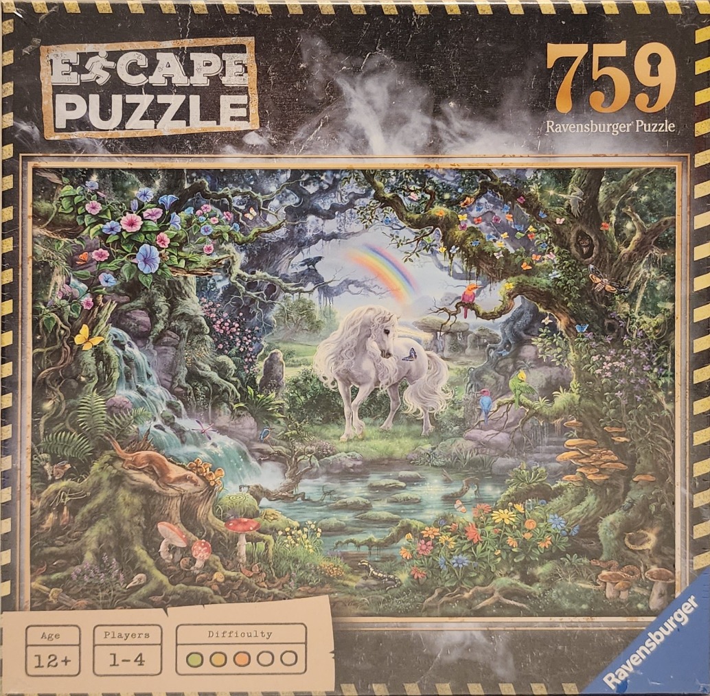 A majestic white horse stands in a magical, lush forest clearing featuring a waterfall, rainbow, and vibrant flowers.
