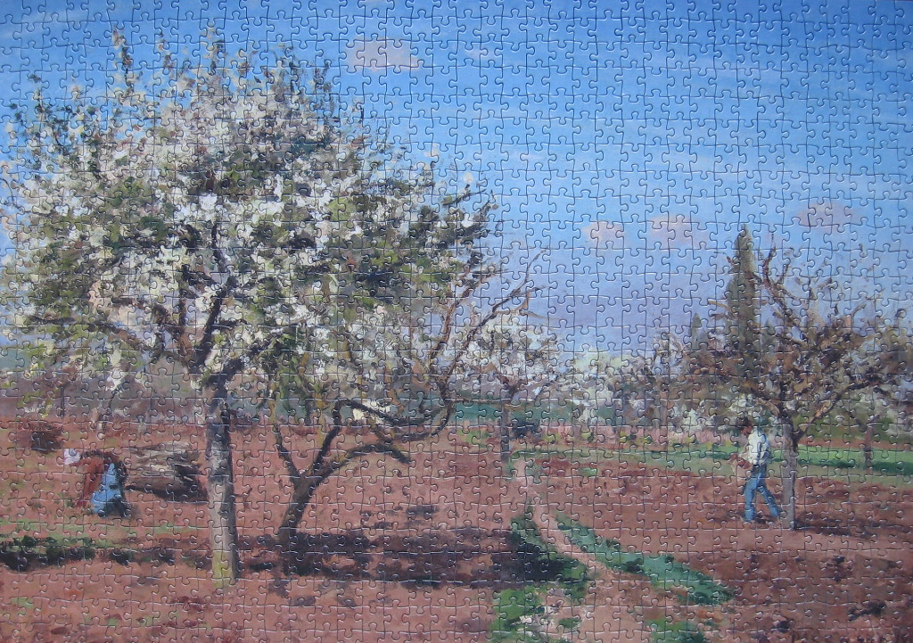 Impressionist painting of a spring orchard with two figures working in a field under a bright blue sky.
