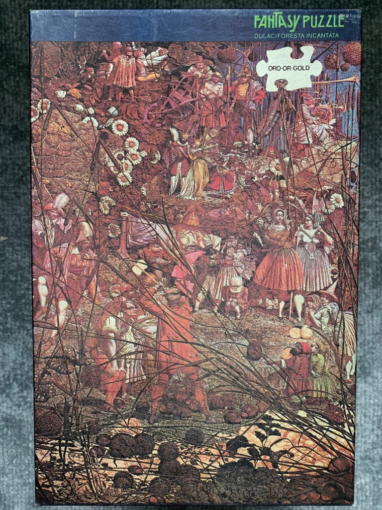 An intricate fantasy illustration showing a crowded, magical forest scene with fairy folk and period-dressed figures.