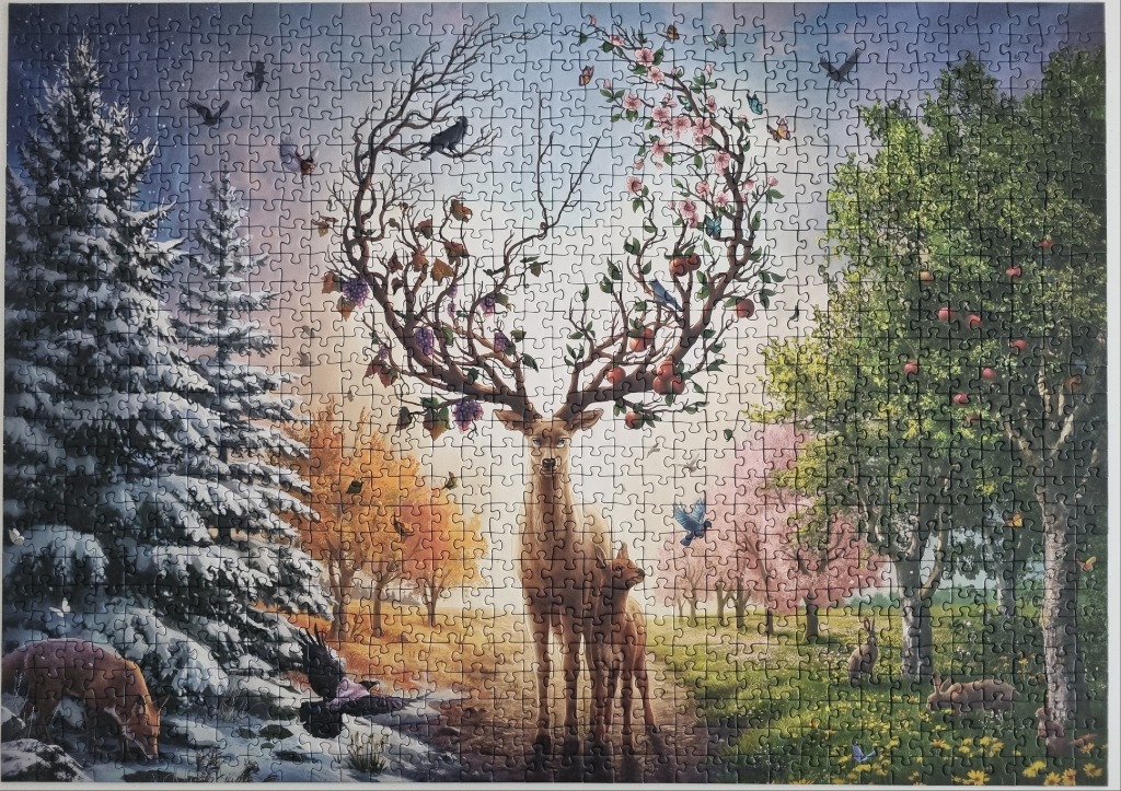 A majestic deer with antlers blooming into a four-season tree, standing in a magical forest landscape.