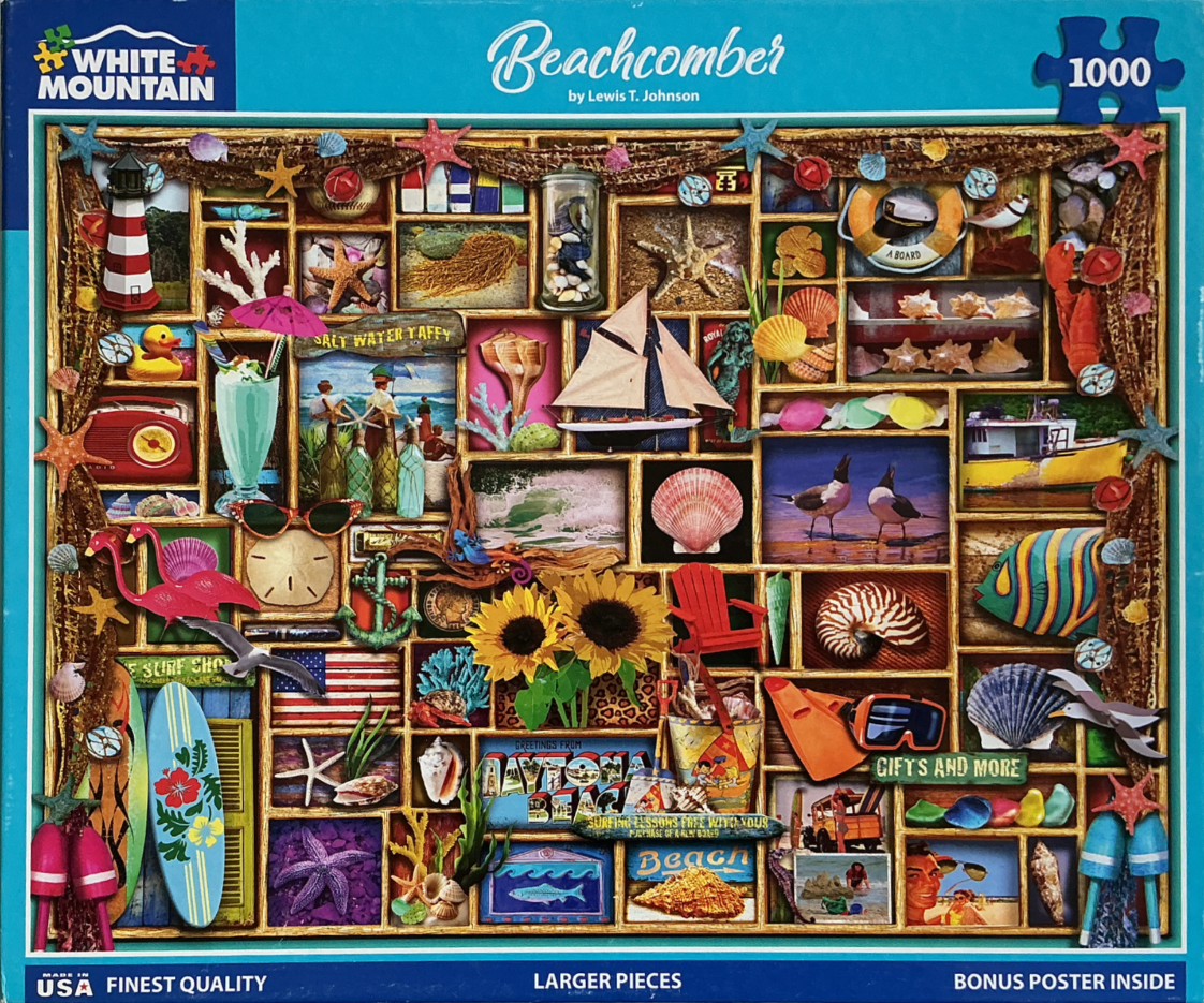 A collage of beach-themed items arranged in wooden cubbyholes, including seashells, surfboards, and seaside souvenirs.