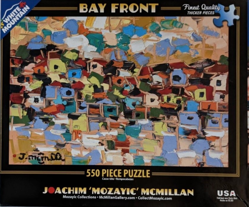 An abstract oil painting titled Bay Front featuring a dense, colorful mosaic of textured, angular shapes.